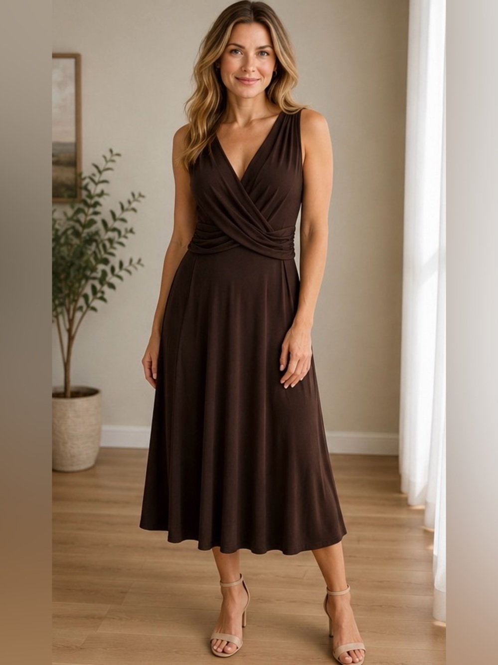 Beautiful dark brown midi dress by X:S - size Large.